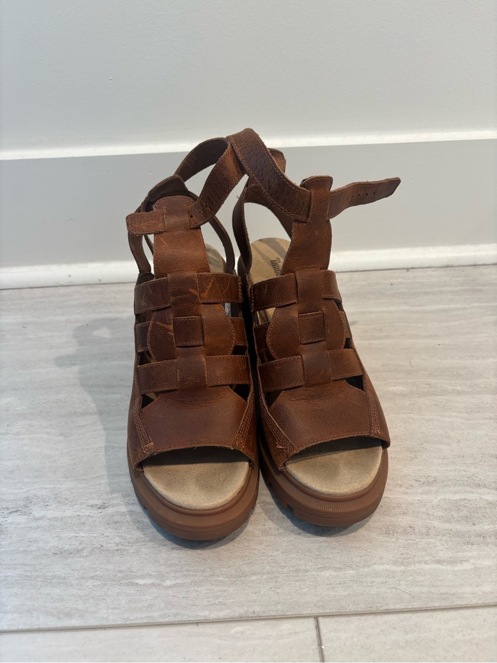 Timberland Brown Leather Platform Woven Sandal